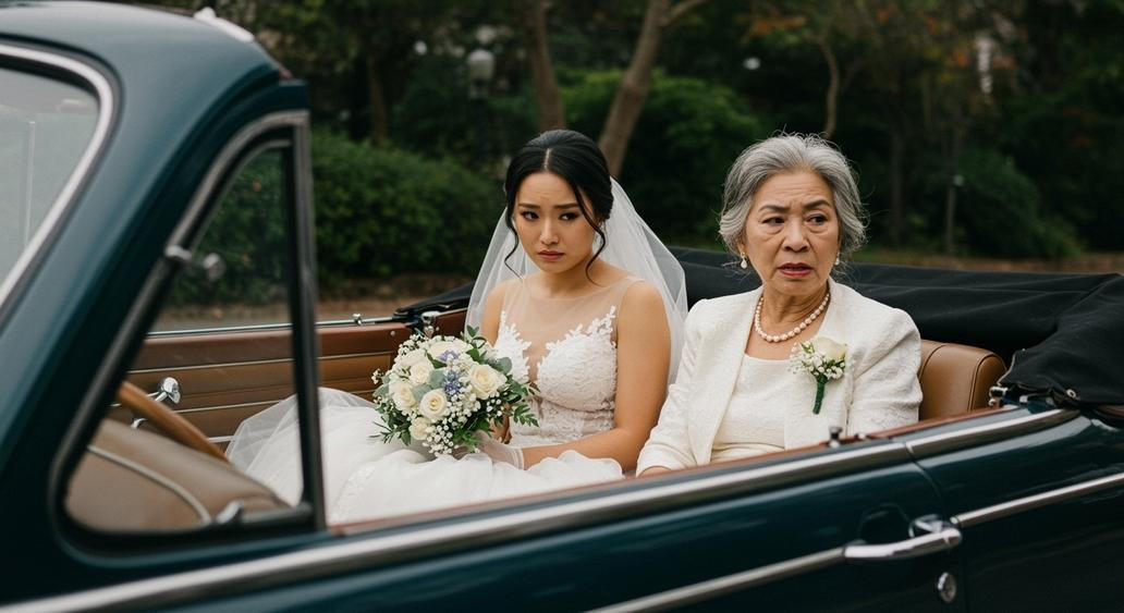 Tchyně v bílých šatech na svatbě vlastního syna