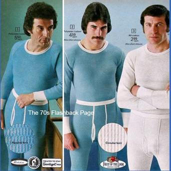 Reklamní plakát na pánské dlouhé spodní prádlo ze 70. let od americké společnosti Fruit of the Loom
