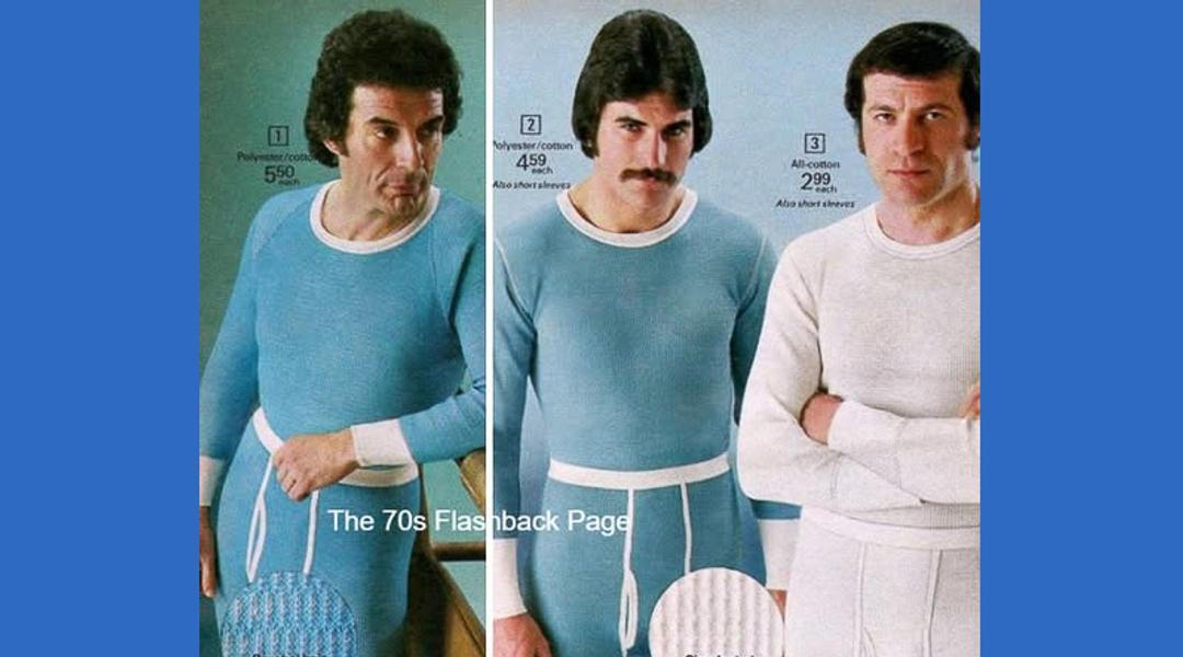 Reklamní plakát na pánské dlouhé spodní prádlo ze 70. let od americké společnosti Fruit of the Loom