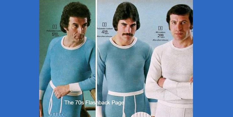 Reklamní plakát na pánské dlouhé spodní prádlo ze 70. let od americké společnosti Fruit of the Loom