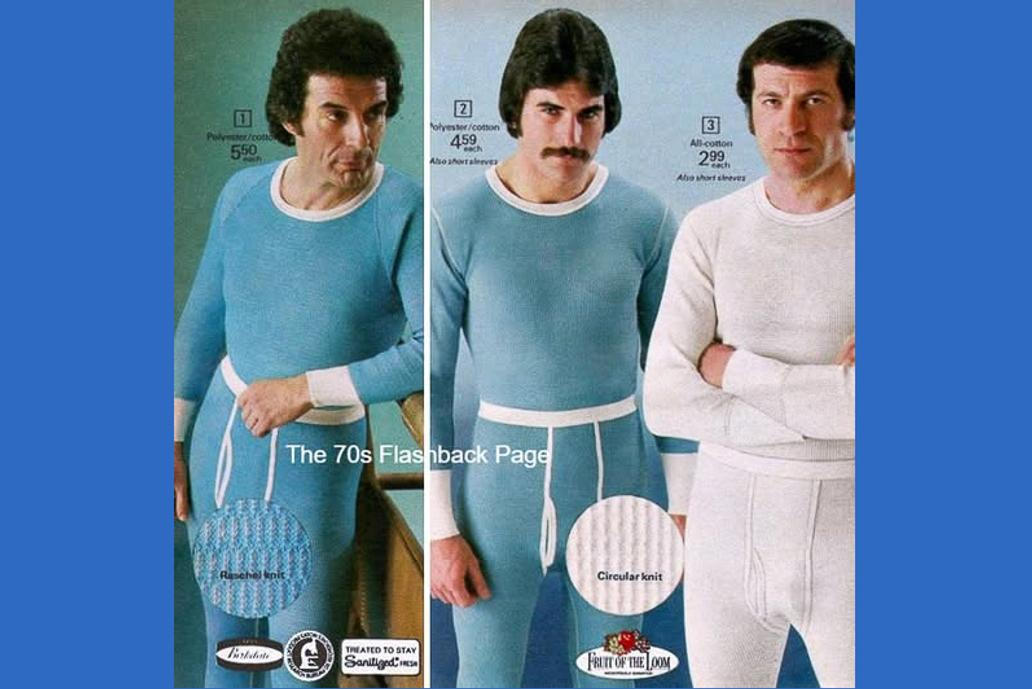 Reklamní plakát na pánské dlouhé spodní prádlo ze 70. let od americké společnosti Fruit of the Loom