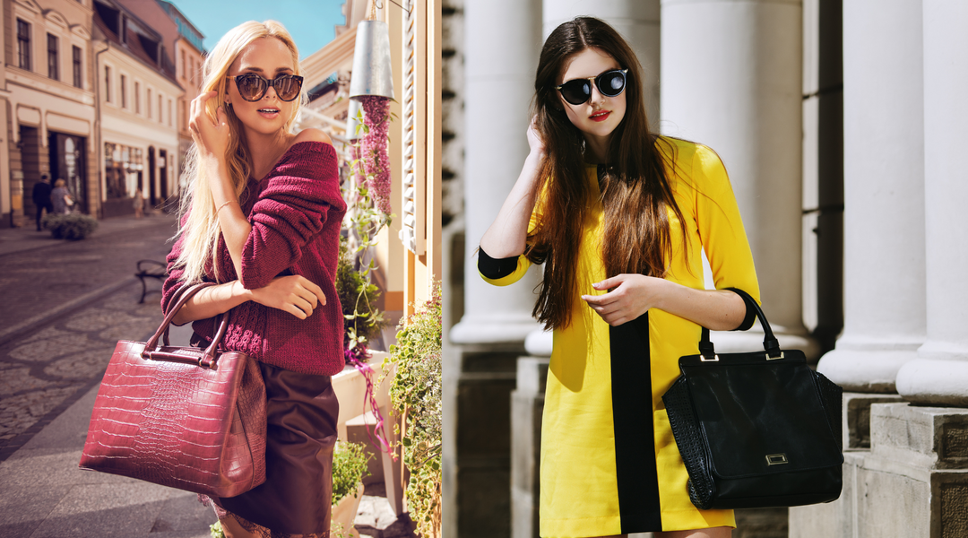 Blondýnka a brunetka v barevných outfitech