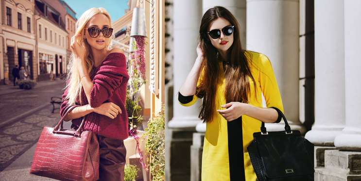 Blondýnka a brunetka v barevných outfitech