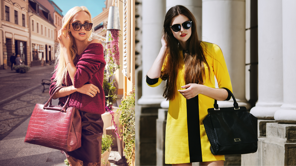 Blondýnka a brunetka v barevných outfitech