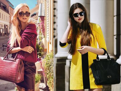 Blondýnka a brunetka v barevných outfitech