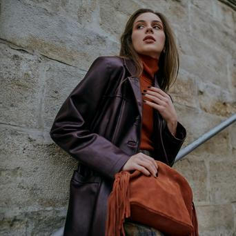Autumn,Fashion,Conception:,Elegant,Confident,Woman,Wearing,Trendy,Leather,Coat,
