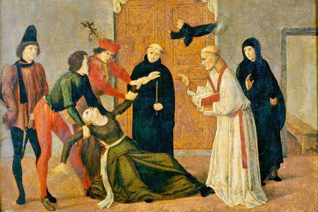 Meister von San Severino,
um 1480/82.

“Exorzismus einer Besessenen”.

Tempera auf Holz,
44 × 51 cm.
Inv. Nr. 78.
Florenz, Museo Horne.,Image: 147931818, License: Rights-managed, Restrictions: , Model Release: no, Credit line: Profimedia