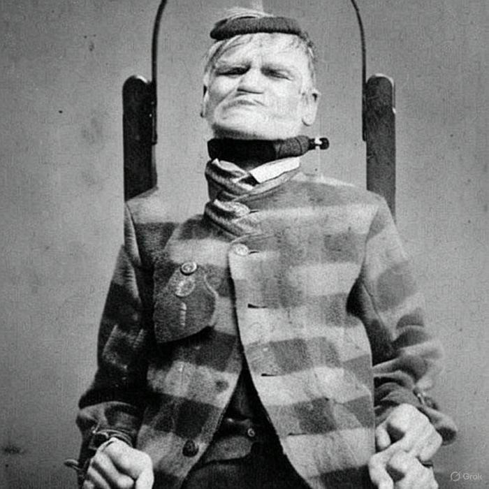 A patient bound in restraints at the West Riding Lunatic Asylum in Yorkshire, England, circa 1869.