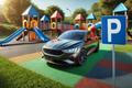 Koláž - auto parkující na dětském hřišti