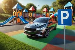 Koláž - auto parkující na dětském hřišti