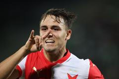 fotbal, Evropská liga 2024/2025, Ludogorec Razgrad - Slavia Praha, Matěj Jurásek slaví gól