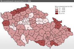 mapa - Míra nezaměstnanosti v okresech (stav k 31. 1. 2009)