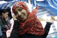 Jemenská politička Tavakkul Karmánová poté, co se dozvěděla o vítězství