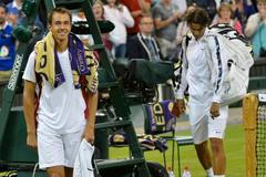 Lukáš Rosol slaví výhru nad Rafaelem Nadalem, Wimbledon 2012