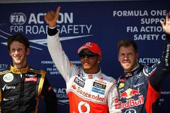 Roman Grosjean, Lewis Hamilton a Sebastian Vettel