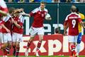 Nicklas Bendtner se raduje ze skórování v přátelském utkání Dánsko - Brazílie