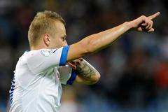 Marek Sapara slaví branku v zápase s Lichtenštejnskem