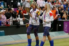 České tenistky Lucie Hradecká (vlevo) a Alena Hlaváčková pózují se stříbrnou medailí na OH 2012 v Londýně.