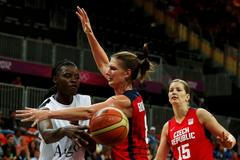 Česká basketbalistka Ilona Burgrová blokuje Angolku Nadir Manuelovou v utkání skupiny A na OH 2012 v Londýně.