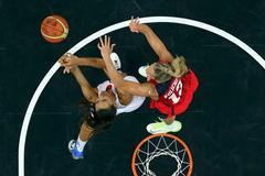 Česká basketbalistka Petra Kulichová blokuje Chorvatku Mariju Vrsaljkovou v utkání skupina A na OH 2012 v Londýně.