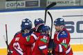 Hokejisté Lva Praha slaví gól v utkání KHL 2012/13 proti Atlantu Mytišči.,