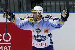 Hokejista Komety Brno Róbert Petrovický slaví gól v utkání proti Kladnu během 15. kola Tipsport extraligy 2012/13.