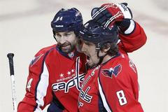 Český hokejista Roman Hamrlík (vlevo) a Rus Alexandr Ovečkin z Washingtonu Capitals se radují z gólu v utkání NHL 2011/12.