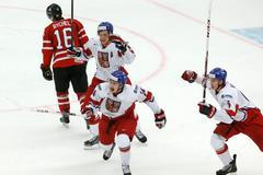 Czech Republic's Vrana, Knot and Faksa celebrate a goal against Canada during the second period of their IIHF World Junior Championship ice hockey game in Malmo