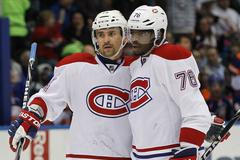 Tomáš Plekanec a P. K. Subban slaví branku do sítě Ottawy