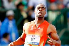 Sprinter Tyson Gay během závodu na 100 metrů během americké kvalifikace v Eugene 2012.