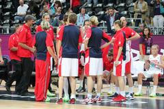 České basketbalistky se radí během time-outu v utkání skupiny A s USA na OH 2012 v Londýně.