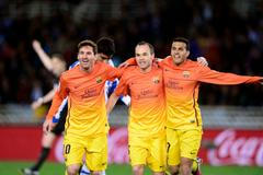 španělská liga, San Sebastian - FC Barcelona: Lionel Messi, Andres Iniesta a Pedro