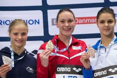 Stupně vítězů na 100 metrů znak - zleva: Baumrtová, Nielsenová a Zevinová