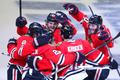 Blackhawks' Frolik and Saad celebrate a goal by teammate Odu