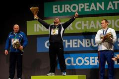 Halové ME v atletice 2013, vrh koulí: Hamza Alič (stříbrný), Asmir Kolasinač (zlatý) a Ladislav Prášil (bronzový)