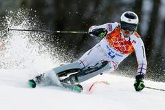 Bank of the Czech Republic competes in the slalom run of the men's alpine skiing super combined event at the 2014 Sochi Winter Olympics