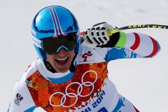 Matthias Mayer v cíli olympijského sjezdu