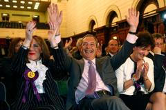 UK Independence Party (UKIP) leader Nigel Farage, and UKIP candidates Janice Atkinson and Diane Jones react to the results of the European Parliament election for the south east region, in Southampto