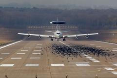 A NATO AWACS aircraft takes-off for a flight to Poland from the AWACS air base in Geilenkirchen