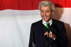 Far-right politician Geert Wilders of the anti-immigration Dutch Freedom (PVV) Party speaks at a PVV rally after the European Parliament elections in the Hague
