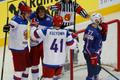 Russia's Malkin celebrates goal as France's Amar reacts in men's ice hockey World Championship quarter-final game in Minsk