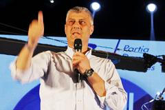 Kosovo PM Thaci speaks during a campaign rally in Gjakova