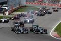 Mercedes Formula One driver Rosberg of Germany and Mercedes Formula One driver Hamilton of Britain lead the pack at the start during the Canadian F1 Grand Prix at the Circuit Gilles Villeneuve in Mont