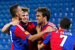 FC Basel's Delgado celebrates with team mates Stocker, Degen and Aliji after scoring a goal against Valencia during their Europa League quarter-final first leg soccer match in St.Jakob-Park stadium in