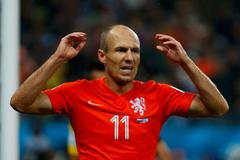 Robben of the Netherlands reacts after missing a chance to score against Argentina during their 2014 World Cup semi-finals in Sao Paulo