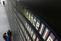 Cancelled flights by German air carrier Lufthansa are pictured on flight schedule board at Munich's airport