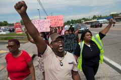 Protestors march down in Ferguson, Missouri
