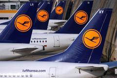 Aircraft of German airline Lufthansa are parked on the apron at Fraport airport in Frankfurt