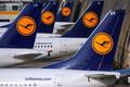 Aircraft of German airline Lufthansa are parked on the apron at Fraport airport in Frankfurt