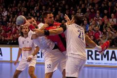 Čeští házenkáři v kvalifikačním utkání na ME 2014 proti Izraeli.